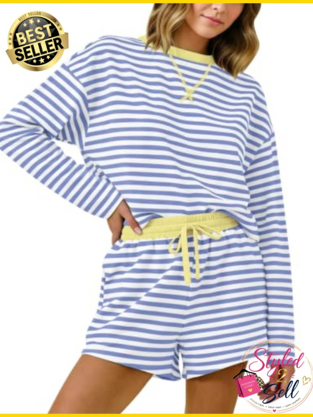 Women 2 Piece Striped Lounge Set Long Sleeve Tee Drawstring Shorts Pajamas